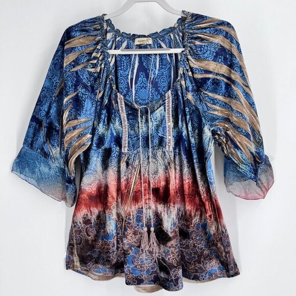 Oneworld Burnout Velvet Tunic Top Size XL Half Sleeve Tie Front - Picture 1 of 15